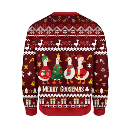 Back view of the maroon christmas geese ugly sweater showing the repeating festive pattern