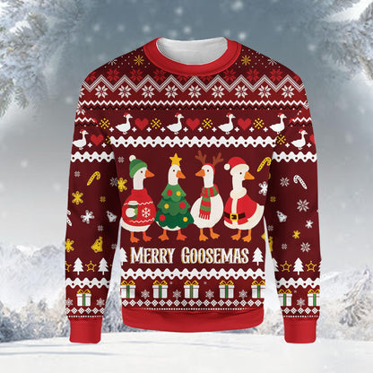 Detailed front view of the geese ugly sweater highlighting the festive bird costumes