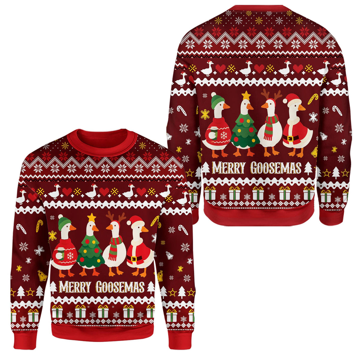 Close-up front view of the Merry Goosemas design on the maroon ugly sweater