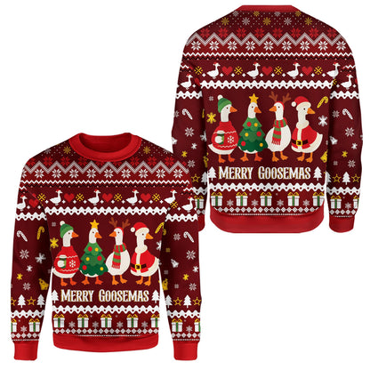 Close-up front view of the Merry Goosemas design on the maroon ugly sweater