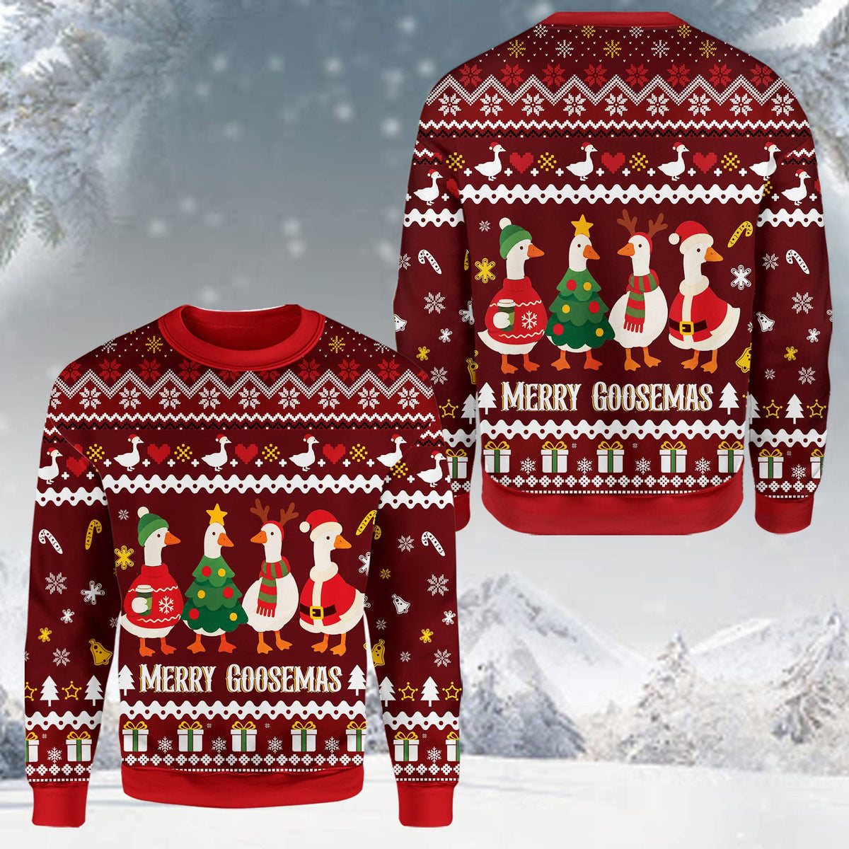 Another front angle of the maroon christmas geese ugly sweater