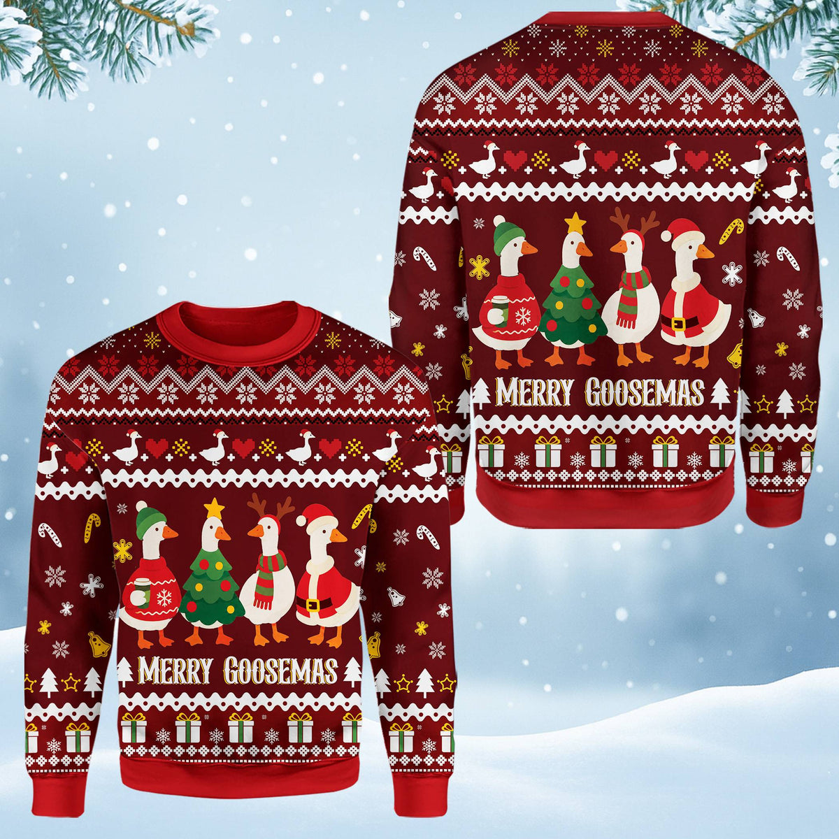 Front view of the adult holiday ugly sweater showing the polyester fabric texture