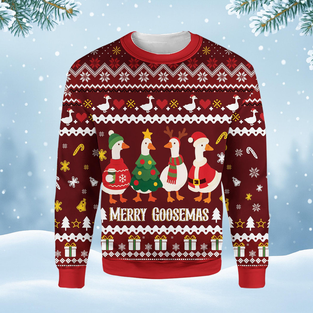 Main view of the maroon christmas geese ugly sweater featuring four festive birds and Merry Goosemas text