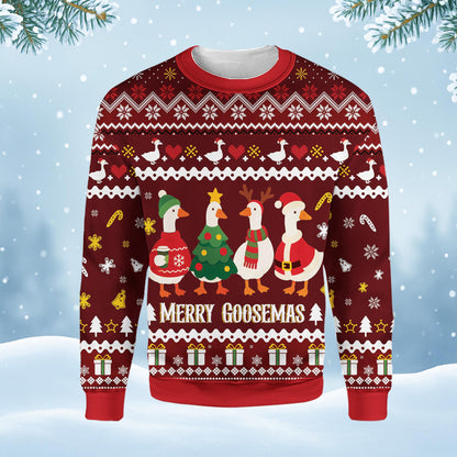 Main view of the maroon christmas geese ugly sweater featuring four festive birds and Merry Goosemas text