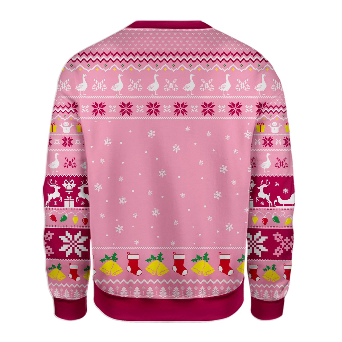 Close-up back view of the fair isle snowflakes and reindeer patterns