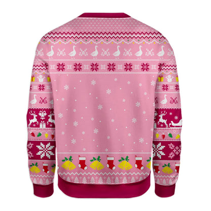 Close-up back view of the fair isle snowflakes and reindeer patterns