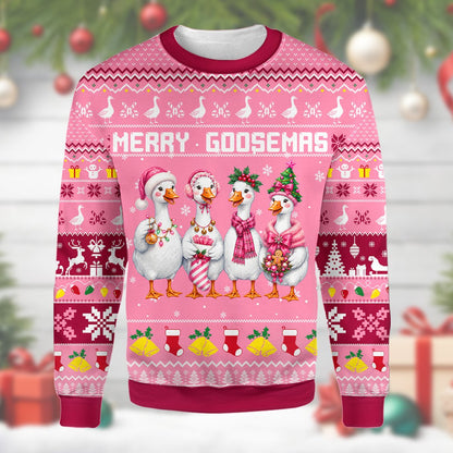 Full back view of the pink and maroon ugly christmas sweater