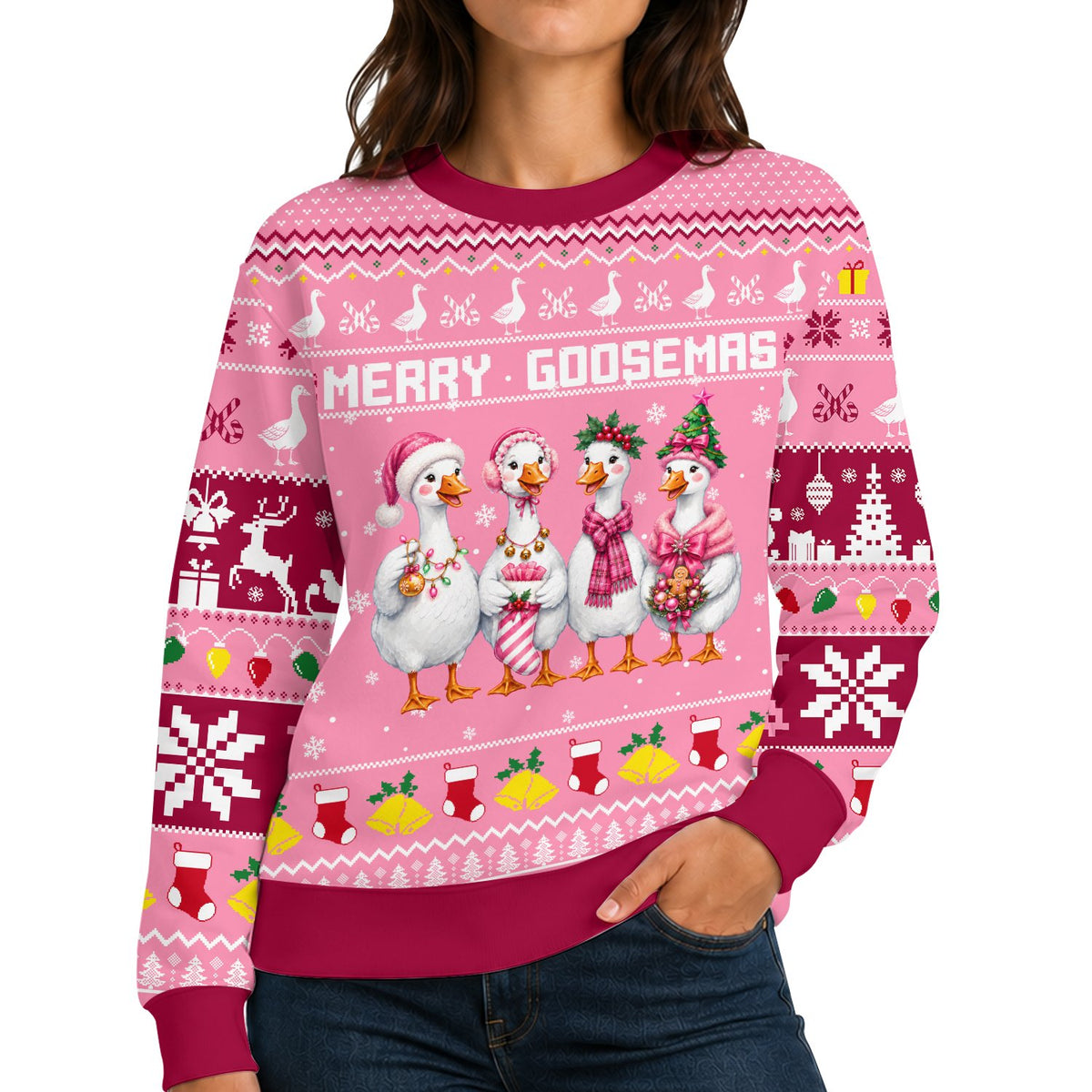 Detailed front view of the goose ugly christmas sweater showing the fair isle pattern