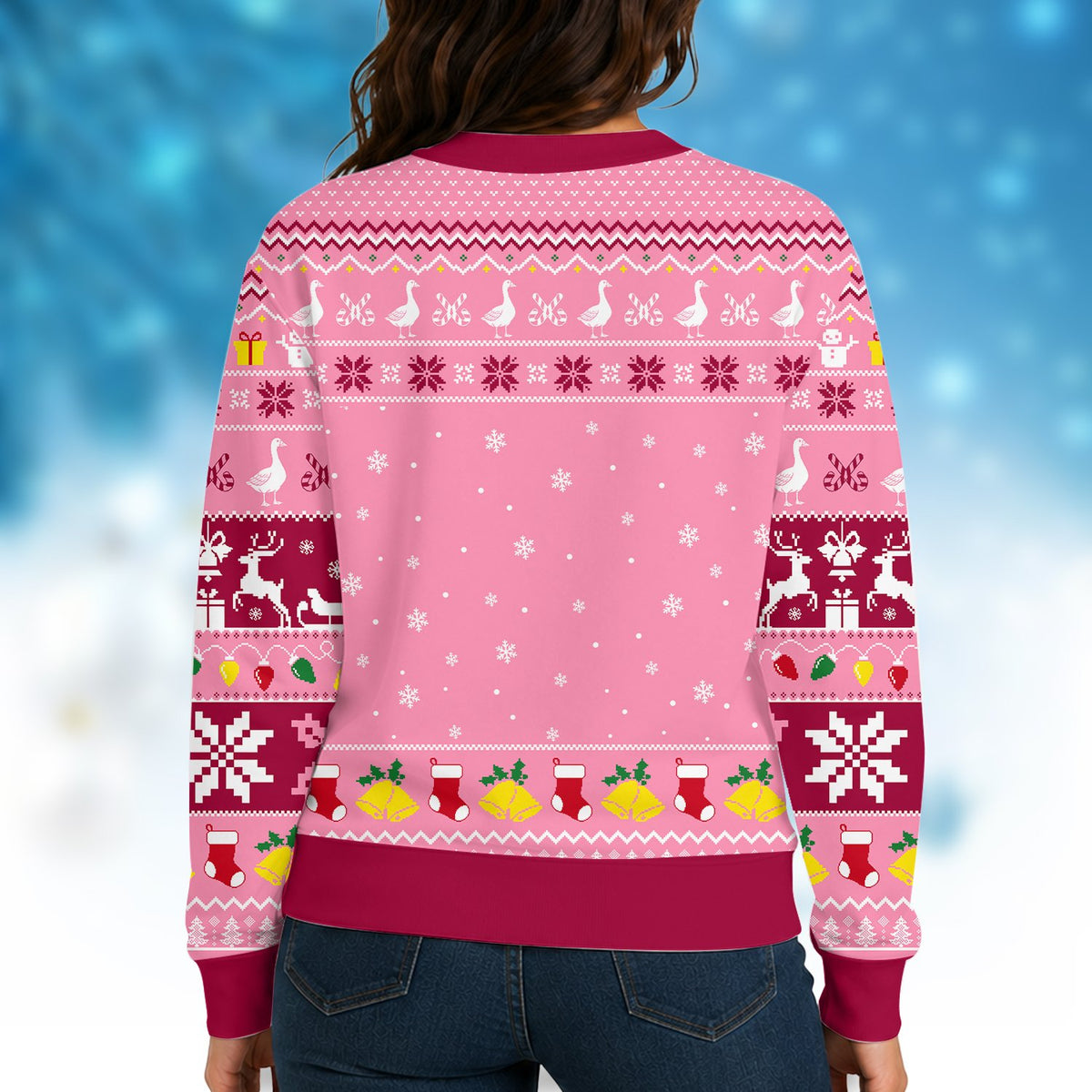 Angled front view of the pink holiday ugly sweater