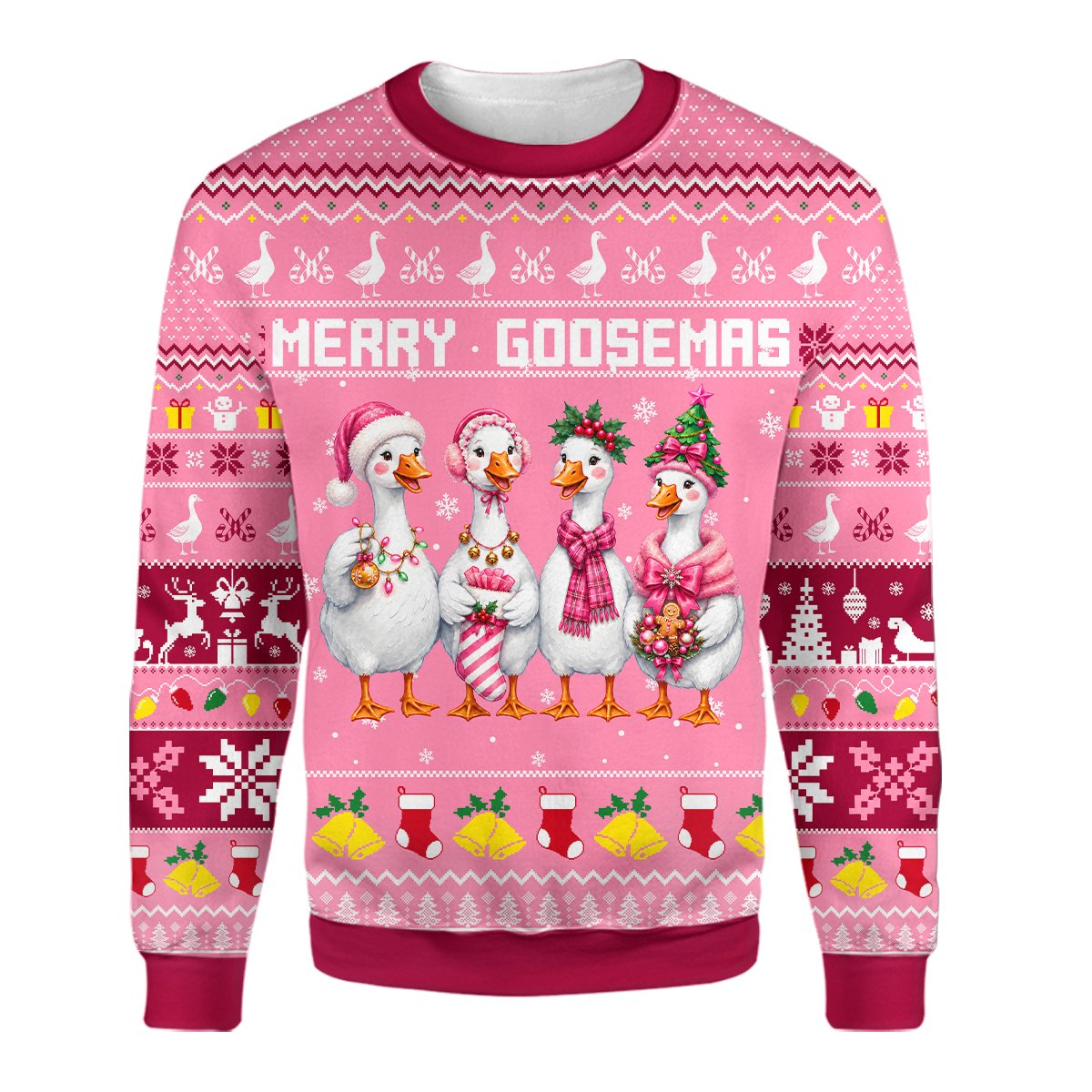 Close-up front view of the festive geese and snowflakes on the sweater