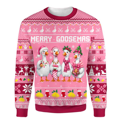Close-up front view of the festive geese and snowflakes on the sweater