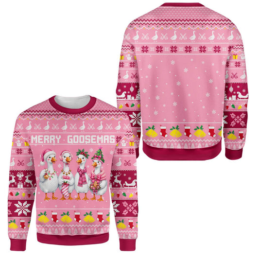 Main view of the pink christmas ugly sweater with Merry Goosemas design