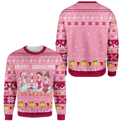 Front view of the pink Merry Goosemas ugly sweater