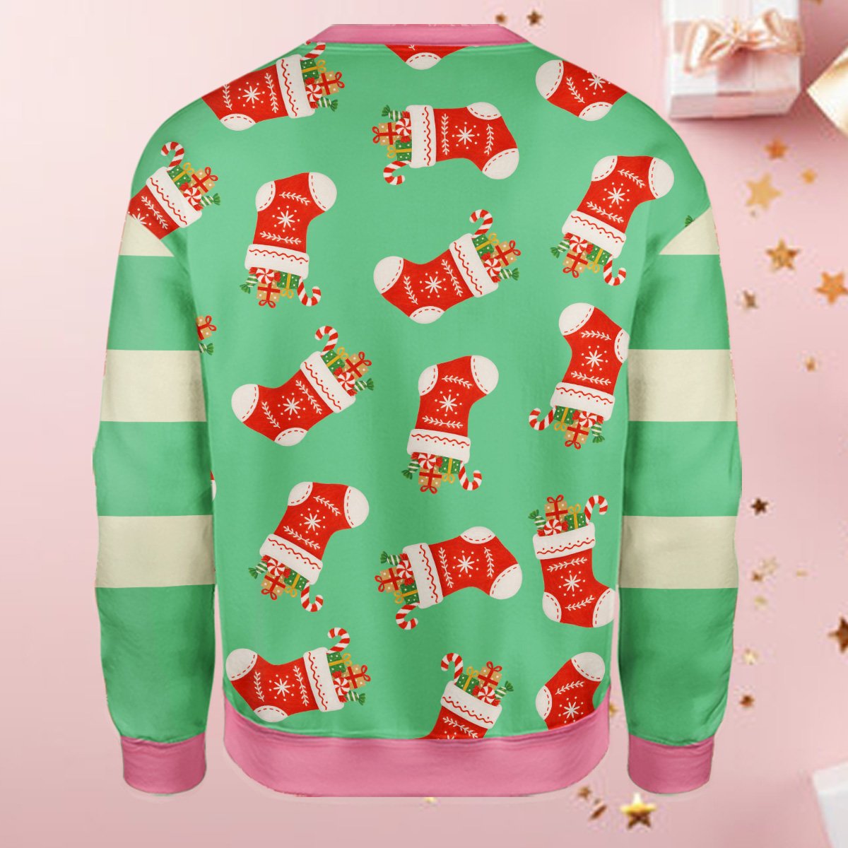 Ugly christmas sweater green with stockings and candy canes, back lifestyle view 1