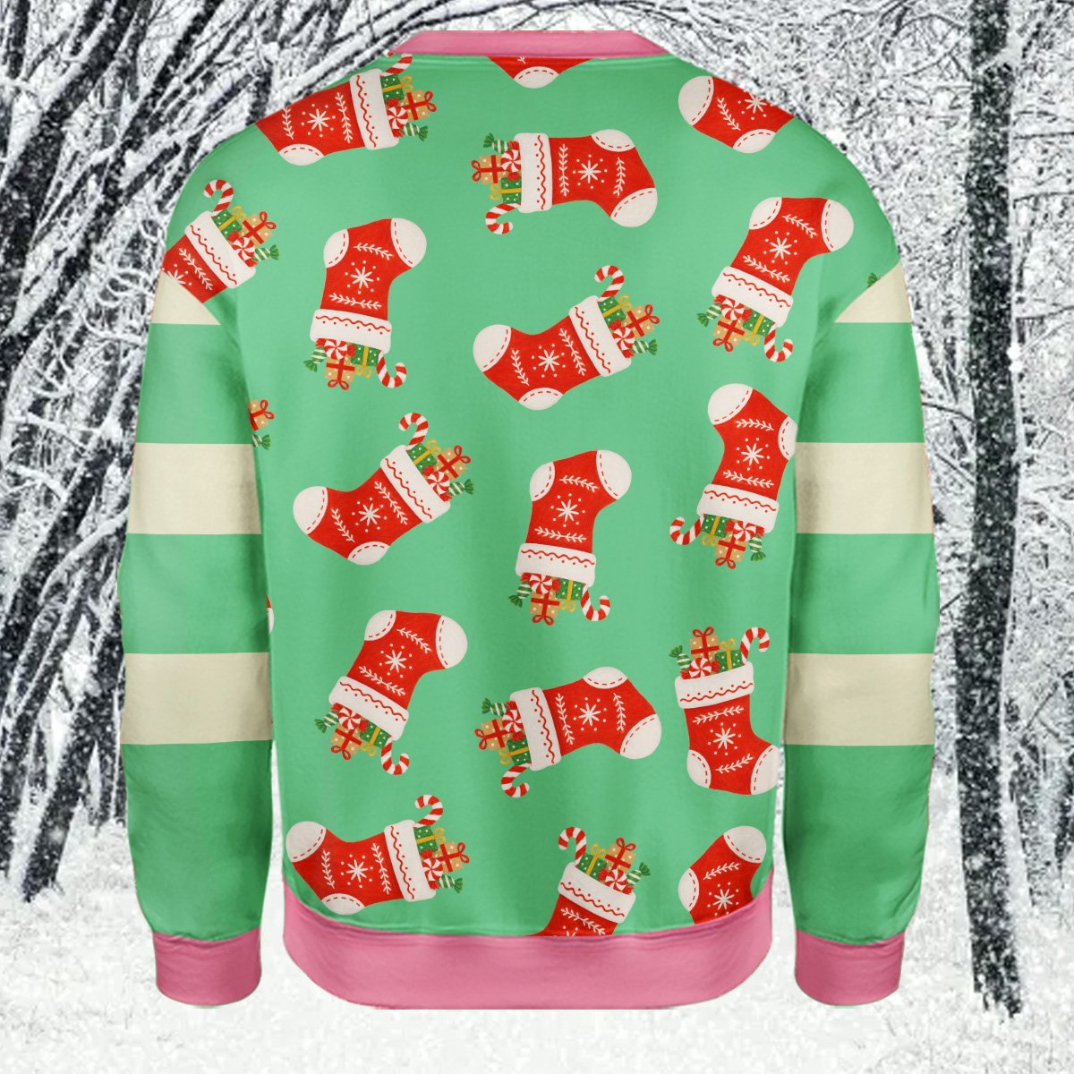 Ugly christmas sweater green with stockings and candy canes, back lifestyle view 2