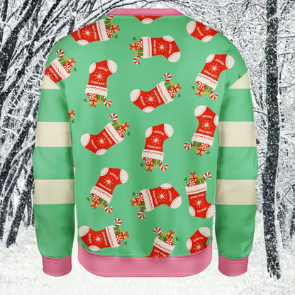 Ugly christmas sweater green with stockings and candy canes, back lifestyle view 2
