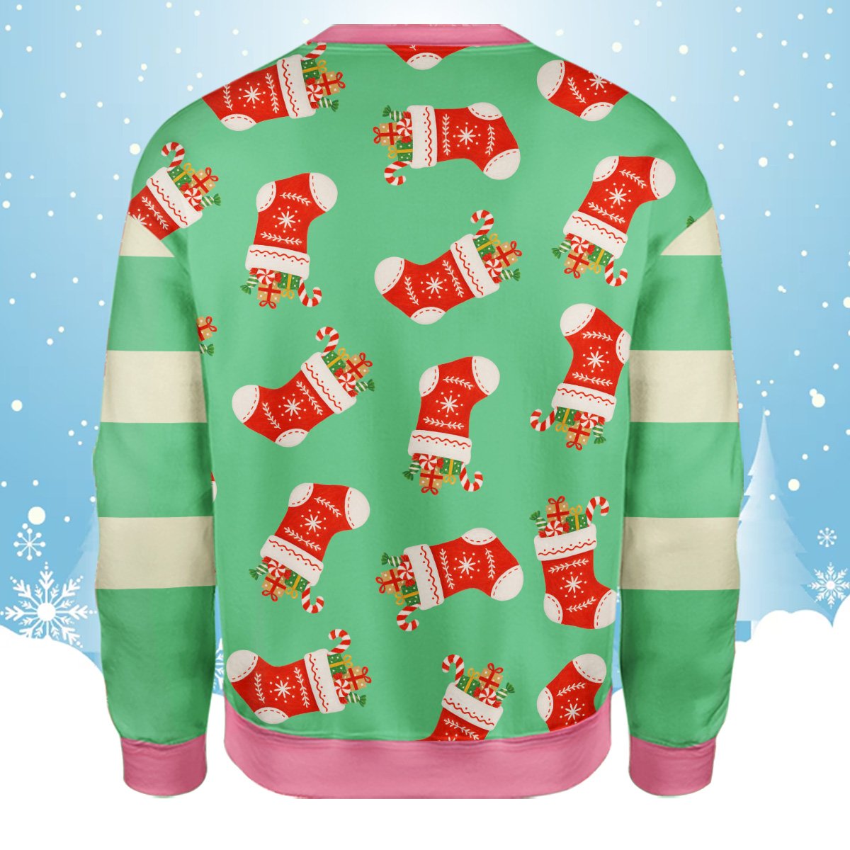 Ugly christmas sweater green with stockings and candy canes, back lifestyle view 3
