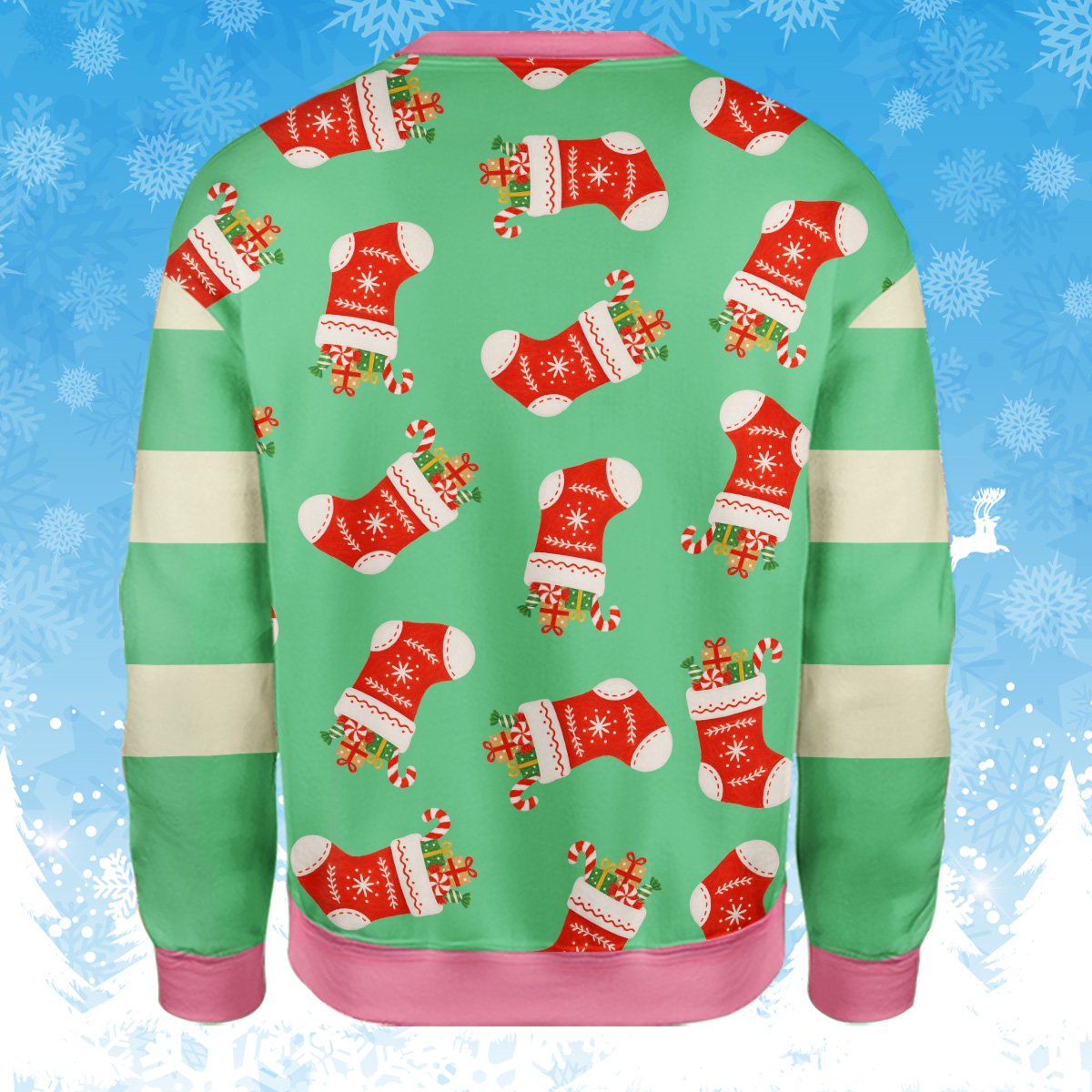 Ugly christmas sweater green with stockings and candy canes, back view