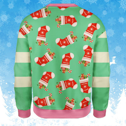 Ugly christmas sweater green with stockings and candy canes, back view