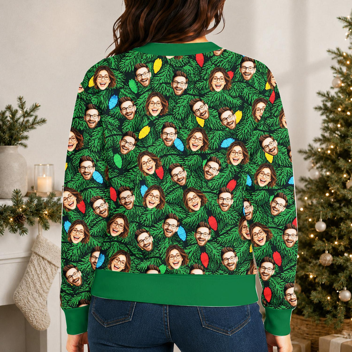 Back view of the custom photo ugly sweater showing the all-over pine branch print