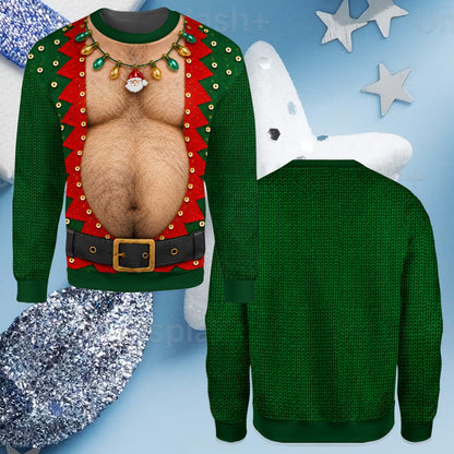 Close-up front view of the holiday ugly sweater showing elf collar and lights