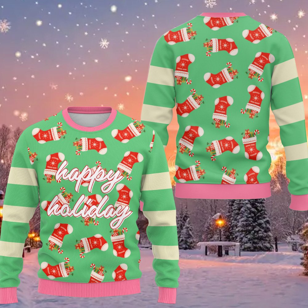 Ugly christmas sweater green with stockings and candy canes, front lifestyle view 1