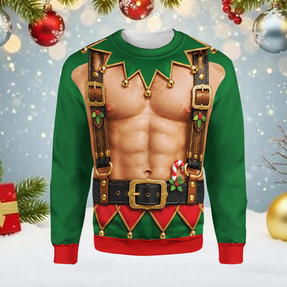 Second front view of the humorous holiday ugly sweater