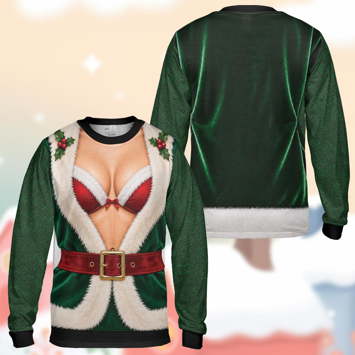 Green elf fake open jacket holiday ugly sweater, front view