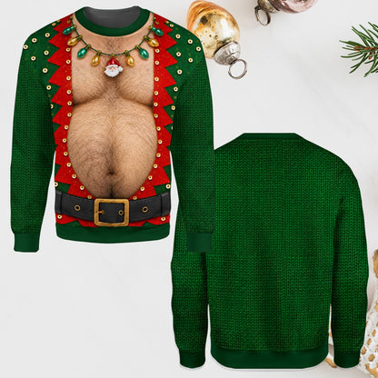Another front view of the green hairy chest holiday sweater