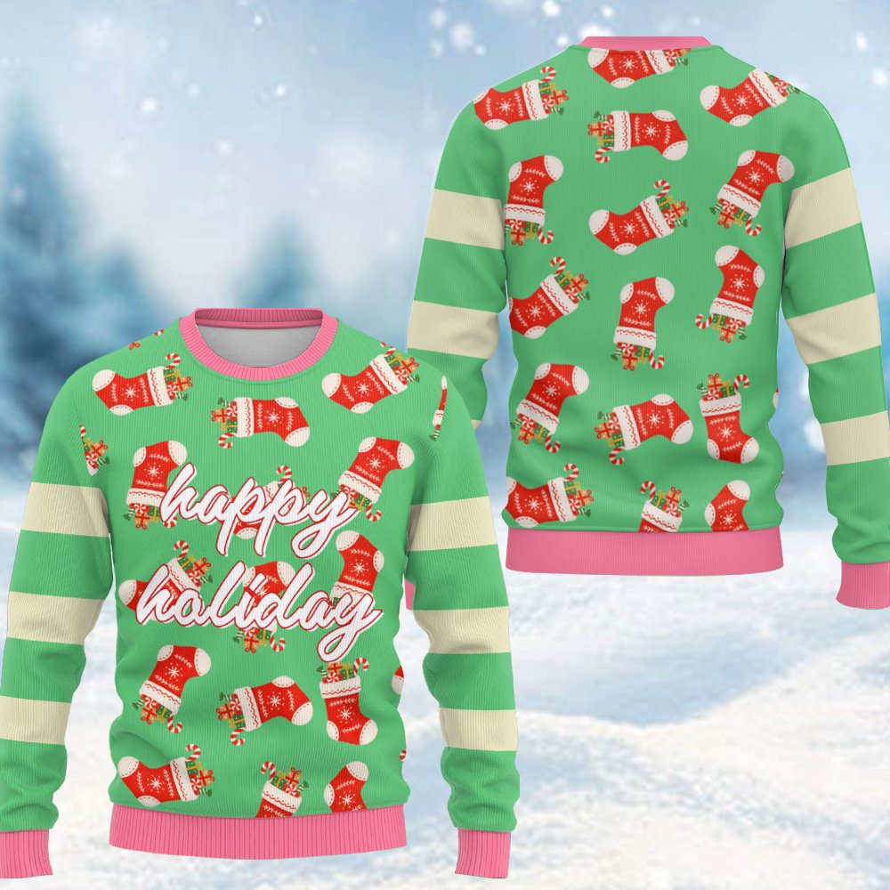 Ugly christmas sweater green with stockings and candy canes, front lifestyle view 2
