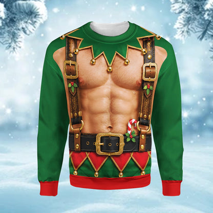 Third front view of the 3D-style muscular elf chest sweater