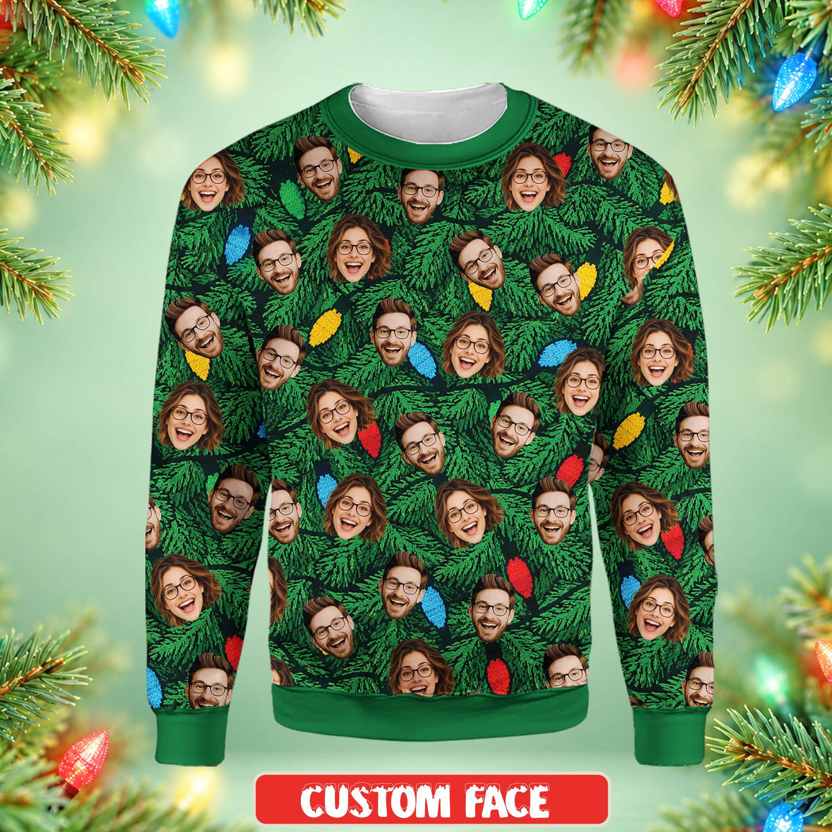 Detailed front view of the custom ugly sweater displaying pine tree graphics