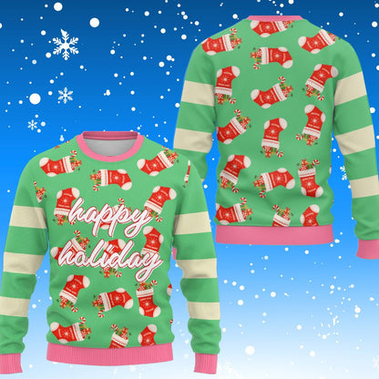 Ugly christmas sweater green with stockings and candy canes, front lifestyle view 3