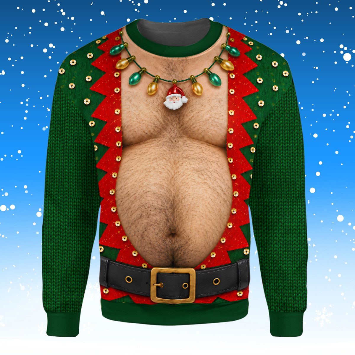 Front styling view of the green ugly christmas sweater