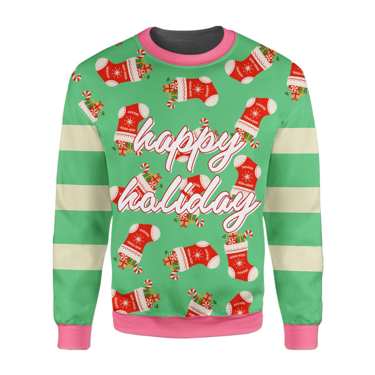 Ugly christmas sweater green with stockings and candy canes, front lifestyle view 4
