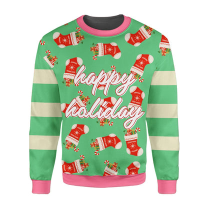 Ugly christmas sweater green with stockings and candy canes, front lifestyle view 4
