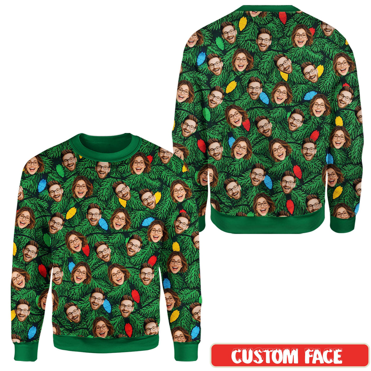 Close up front view of the custom photo ugly sweater
