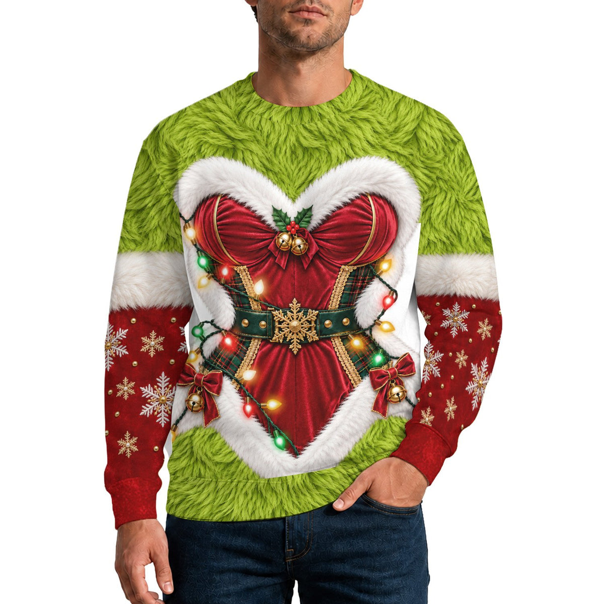 Adult holiday sweater showing snowflake details on the front