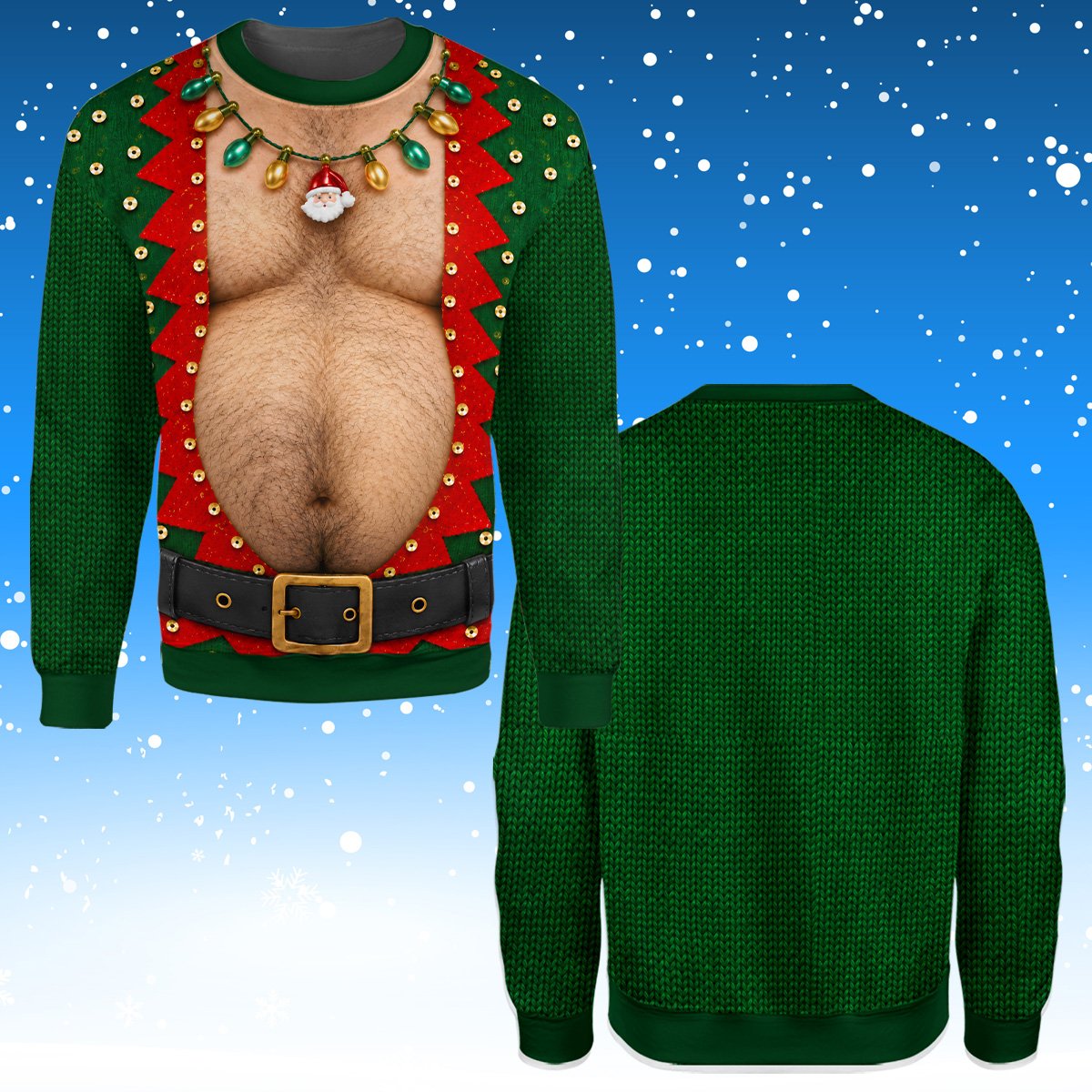Front view of the green ugly christmas sweater with hairy chest graphic