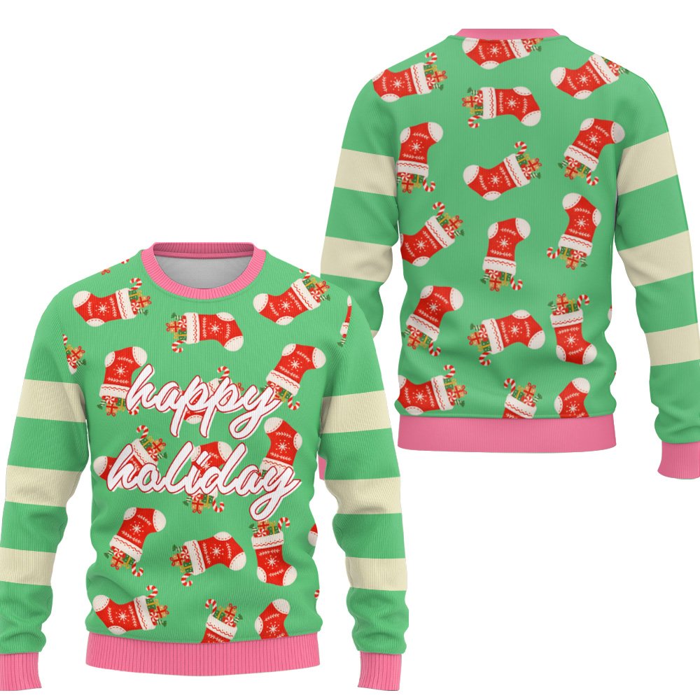 Ugly christmas sweater green with stockings and candy canes, main view