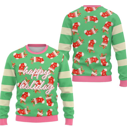 Ugly christmas sweater green with stockings and candy canes, main view