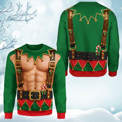 Front view of the muscular elf chest ugly green christmas sweater