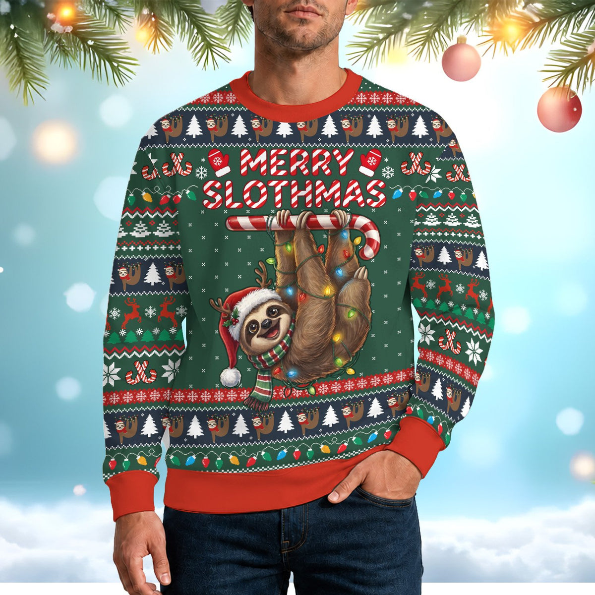 Merry Slothmas green christmas ugly sweater with a sloth on a candy cane, main view