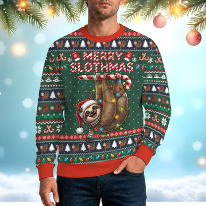 Merry Slothmas green christmas ugly sweater with a sloth on a candy cane, main view