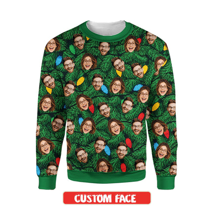 Front view of the personalized green christmas ugly sweater featuring custom faces