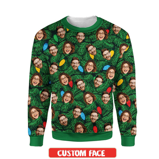 Custom photo ugly sweater with green pine tree and holiday lights design, main view