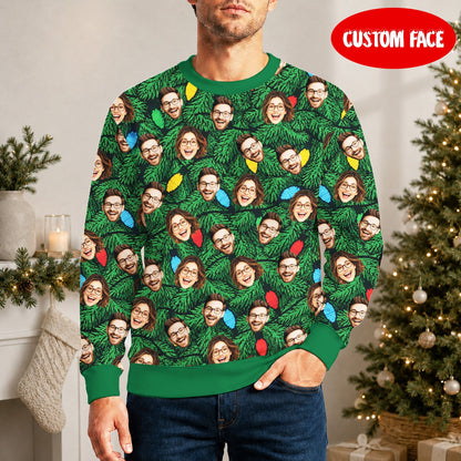 Another lifestyle view showcasing the festive green christmas ugly sweater