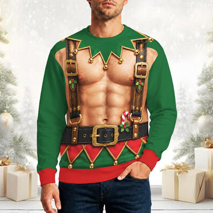 Lifestyle view of a person wearing the muscular elf ugly green christmas sweater