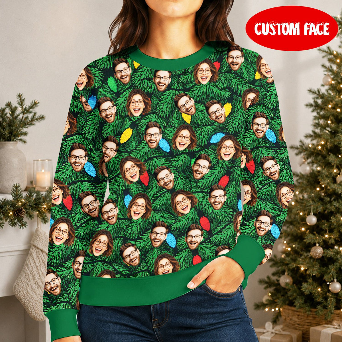 Lifestyle view of a couple wearing the custom photo ugly sweater