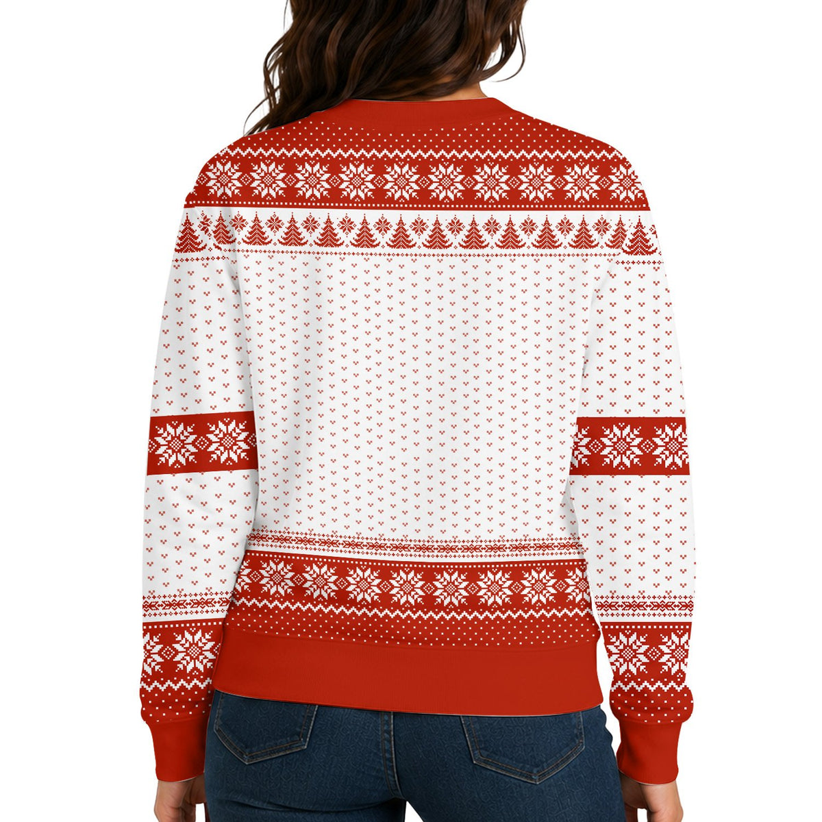 Back view of the red holiday ugly sweater with a faux-knit pattern.